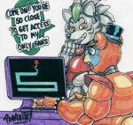  2022 animatronic anthro bracelet breasts canid canine canis cleavage clothed clothing collar computer desk dialogue duo ear_piercing ear_ring english_text eyebrows eyelashes facial_markings female five_nights_at_freddy&#039;s five_nights_at_freddy&#039;s:_security_breach frown furniture gaming glamrock_freddy_(fnaf) hair hat head_markings headgear headwear hi_res humor jewelry machine male mammal marker_(artwork) markings meme onlyfans open_frown open_mouth parasitedeath piercing playing_videogame robot roxanne_wolf_(fnaf) scottgames shoulder_pads signature simple_background smile spiked_bracelet spiked_collar spikes table teeth text top_hat traditional_media_(artwork) ursid video_games white_background wolf 