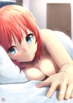  1girl absurdres artist_name bangs bed_sheet blue_eyes breasts closed_mouth commentary door english_commentary expressionless fav_faris hair_between_eyes highres hisui_(tsukihime) indoors looking_at_viewer lying medium_breasts naked_sheet nude on_bed pillow pov red_hair room short_hair solo tsukihime under_covers 