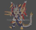  absurdres arm_blade armor claws cyborg drill fangs full_body fusion gigan godzilla_(series) godzilla_vs._mechagodzilla godzilla_vs._spacegodzilla godzilla_vs.king_ghidorah godzilla_vs_gigan highres horns kaijuu mecha mecha-king_ghidorah mechagodzilla mogera_(mecha) monochrome monster no_humans open_mouth red_eyes sharp_teeth single_horn solo spikes standing sword tail teeth tokusatsu tokusatsushima weapon wings 