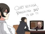  1boy 1girl anger_vein bald beard black_hair breaking_bad breasts closed_mouth coat couch english_text eren_yeager facial_hair glasses highres large_breasts mikasa_ackerman shingeki_no_kyojin short_hair sitting television tied_hair tina_fate walter_white watching_television 