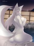  absurd_res alvaz anthro bath bathhouse bathing big_breasts breast_squish breasts butt butt_focus canid canine female fox fur grey_hair hair hi_res hot_spring japanese kemono long_hair mammal multi_tail night nude onsen raised_tail red red_eyes rock smile solo squish tamamo-chan&#039;s_a_fox tenko_fushimi towel towel_wrap water wet white_body white_fur 