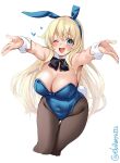 1girl animal_ears atago_(kancolle) bangs black_legwear blonde_hair blue_eyes blush breasts cropped_legs detached_collar ebifurya eyebrows_visible_through_hair fake_animal_ears foreshortening hair_between_eyes heart highres kantai_collection large_breasts leaning_forward long_hair looking_at_viewer one-hour_drawing_challenge one_eye_closed open_mouth outstretched_arms pantyhose playboy_bunny rabbit_ears rabbit_tail simple_background skindentation smile solo tail thigh_gap twitter_username white_background wide_hips wrist_cuffs 