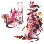  4girls armor bangs bikini_armor blue_eyes breasts cape clone curled_horns detached_sleeves dragon_girl dragon_horns dragon_tail dress e_(h798602056) elizabeth_bathory_(brave)_(fate) elizabeth_bathory_(fate) elizabeth_bathory_(fate/extra_ccc) elizabeth_bathory_(halloween_caster)_(fate) eyebrows_visible_through_hair fate/grand_order fate_(series) halloween halloween_costume hat highres horns idol long_hair multiple_girls multiple_persona pauldrons pink_hair pointy_ears ribbon shoulder_armor silver_trim small_breasts smile striped striped_dress tail thighhighs two_side_up vertical_stripes white_cape witch_hat 