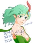  1girl breasts cleavage closed_mouth detached_sleeves earrings final_fantasy final_fantasy_iv green_eyes green_hair hair_ornament jewelry long_hair older rydia_(ff4) simple_background solo white_background yakisake_arimasu 
