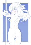  1girl arms_up ass bangs blue_theme blush closed_mouth commentary completely_nude delicious_party_precure from_behind hair_ribbon highres long_hair looking_at_viewer looking_back miyagoe_yoshitsuki monochrome nagomi_yui nude outside_border pole_dancing precure ribbon smile solo standing stripper_pole thigh_gap trefoil two_side_up wind 