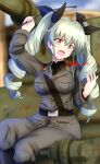  1girl anchovy_(girls_und_panzer) anzio_military_uniform arm_up bangs belt black_belt black_necktie black_ribbon black_shirt blurry blurry_background carro_armato_p40 commentary day dress_shirt drill_hair eyebrows_visible_through_hair girls_und_panzer green_hair grey_jacket grey_pants ground_vehicle hair_ribbon head_tilt highres holding jacket long_hair long_sleeves looking_at_viewer military military_uniform military_vehicle motor_vehicle necktie on_vehicle open_mouth outdoors pants red_eyes redbaron ribbon riding_crop sam_browne_belt shirt sitting smirk solo tank twin_drills twintails twitter_username uniform wing_collar 