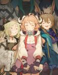  6+girls amiya_(arknights) animal_ears arknights bandaid bandaid_on_face blaze_(arknights) bruise bruise_on_face cat_ears cat_girl closed_eyes collar demon_girl demon_horns dirty dirty_face eyjafjalla_(arknights) favilia fingerless_gloves gloves goat_ears goat_girl goat_horns grin happy headpat holding_hands horns hoshiguma_(arknights) ifrit_(arknights) injury jewelry mask mouth_mask multiple_girls necklace out_of_frame rabbit_ears rabbit_girl ring saria_(arknights) smile v 