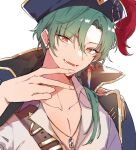  1boy 3di_project breasts cleavage collared_shirt earrings feather_earrings feathers gradient_eyes green_hair hat highres jewelry jortun_leventor labjusticaholic long_hair low_ponytail male_focus multicolored_eyes necklace open_mouth pirate pirate_costume pirate_hat shirt solo virtual_youtuber white_background 