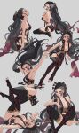  absurdres arm_support arms_up bare_shoulders beads black_hair black_panties blush breasts brown_eyes daki_(kimetsu_no_yaiba) eyeliner facial_mark floating_hair frown geta grey_background grin hair_beads hair_ornament hair_pulled_back hair_stick highres jumping kimetsu_no_yaiba kneeling lace lace_legwear lace_panties legs_up lipstick long_hair looking_at_viewer looking_away looking_down looking_to_the_side looking_up makeup multiple_views nail_polish navel no_shoes obi outstretched_arm panties parted_lips peach_luo ponytail pout profile revealing_clothes sash side-tie_panties sidelocks simple_background sitting smile text_in_eyes toeless_legwear toenail_polish toenails underwear very_long_hair wariza 