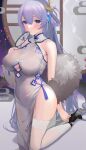  1girl absurdres azur_lane bangs bare_shoulders black_footwear blush breasts china_dress chinese_clothes closed_mouth clothing_cutout commentary covered_navel dress eyebrows_visible_through_hair feather_boa garter_straps hair_between_eyes hair_ornament hand_up high_heels highres holding kneeling large_breasts long_hair looking_at_viewer nanam_(nanam_sk) official_alternate_costume pelvic_curtain purple_eyes rodney_(azur_lane) rodney_(immaculate_beauty)_(azur_lane) sleeveless sleeveless_dress solo tassel thighs very_long_hair white_dress white_legwear 