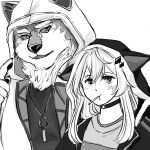 anthro candy canid canine canis choker clothing dessert domestic_dog duo female food greyscale hoodie human husky jewelry kinaisan22511 lifewonders live-a-hero lollipop male mammal melide monochrome monomasa muscular muscular_anthro muscular_male necklace nordic_sled_dog scar spitz topwear video_games 