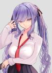  1girl alternate_costume arm_under_breasts azur_lane black_ribbon black_skirt breasts cellphone cleavage collared_shirt essex_(azur_lane) eyebrows_visible_through_hair eyes_visible_through_hair grey_background gyaru hair_ribbon hand_in_hair holding holding_phone kogal long_hair looking_at_viewer loose_necktie medium_breasts necktie orange_eyes partially_unbuttoned phone pleated_skirt purple_hair red_necktie ribbon school_uniform schreibe_shura shirt simple_background skirt smartphone solo twintails very_long_hair wing_collar 