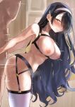  1boy 1girl arm_held_back ass black_hair blue_archive blush breasts brown_eyes doggystyle earrings garter_belt garter_straps habit hair_over_one_eye hetero highres hinata_(blue_archive) jewelry large_breasts long_hair nipples nude nun ponpon_nun sex sex_from_behind solo_focus standing standing_sex sweat thighhighs trembling vaginal wavy_hair white_legwear 