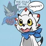  anthro bandai_namco bandanna black_claws chibi claws comic digimon digimon_(species) digimon_ghost_game english_text gammamon grusgammamon hi_res horn humor kerchief male owlscribbles smile text white_body yellow_eyes 