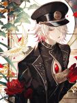  1boy absurdres alternate_hairstyle bird bishounen black_jacket blue_eyes chest_jewel commentary eyeshadow fate/grand_order fate_(series) flower gem gloves gradient_hair hair_over_one_eye hand_up hat highres holding holding_paper jacket karna_(chaldea_express)_(fate) karna_(fate) looking_at_viewer makeup male_focus multicolored_hair official_alternate_costume pale_skin paper petals red_eyeshadow red_flower red_gloves red_hair short_hair solo sqloveraven two-tone_hair upper_body white_hair 