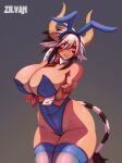  big_breasts bovid bovine bovine_ears breasts bunny_costume camel_toe cathyl_(monster_musume) cleavage clothed clothing costume european_mythology facial_markings fake_ears fake_rabbit_ears female greek_mythology head_markings hi_res holding_breast horn huge_breasts humanoid legwear long_horn mammal markings minotaur monster_girl_(genre) monster_musume mythology skindentation solo tail_tuft thick_thighs thigh_highs tuft wide_hips zilvanv 
