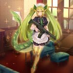  1girl apron black_dress breasts closed_mouth dragon_girl dragon_tail dress duel_monster full_body fuyuki_(neigedhiver) green_hair gun heterochromia highres holding holding_gun holding_weapon howa_type_20 indoors light_smile long_hair maid necktie orange_eyes parlor_dragonmaid short_sleeves solo tail thighhighs twintails very_long_hair weapon yellow_eyes yu-gi-oh! 