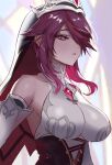  1girl absurdres bare_shoulders breasts commentary_request elbow_gloves genshin_impact gloves habit highres large_breasts looking_at_viewer medium_hair parted_lips purple_eyes purple_hair rosaria_(genshin_impact) shedar solo upper_body white_gloves 
