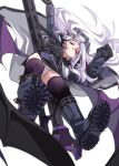  1girl black_footwear black_horns black_skirt black_wings blue_archive boots commentary_request from_below fu-ta gun hair_ornament highres hina_(blue_archive) horns long_hair looking_at_viewer low_wings military_uniform panties pantyshot purple_eyes purple_thighhighs simple_background skirt solo thighhighs underwear uniform weapon white_background white_hair white_panties wings 
