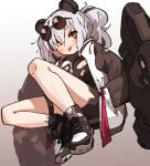  1girl amonitto animal_ears arknights black_dress black_footwear blush breasts bright_pupils cleavage cleavage_cutout closed_mouth clothing_cutout dress eyewear_on_head feater_(arknights) gradient_background high_tops infection_monitor_(arknights) long_hair mechanical_arms multicolored_hair orange_eyes panda_ears shoes small_breasts sneakers solo streaked_hair sunglasses thigh_strap tongue tongue_out white_hair white_pupils 
