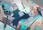  1girl alice_(alice_in_wonderland) alice_in_wonderland black_footwear blonde_hair blue_eyes blue_hairband bug butterfly couch hairband holding hookah loafers looking_at_viewer lying on_back on_couch pleated_skirt shoes short_sleeves skirt solo thighhighs wakuseiy white_thighhighs 