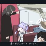  1other 3girls airplane_interior animal_ears apron black_dress black_hair black_jacket blanket blunt_bangs cat_ears commentary_request dress flight_attendant hat jacket letterboxed lokulo-chan lokulo_no_mawashimono lowres maid_apron multiple_girls oekaki original pillow purple_hair sleeping subtitled travel_attendant twintails 