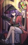  1girl absurdres allcy49 black_headwear bowl bowl_hat brown_footwear closed_mouth commentary_request crossed_legs full_body geta hat highres japanese_clothes kimono looking_at_viewer miracle_mallet purple_eyes purple_hair red_kimono sitting smile socks solo sukuna_shinmyoumaru touhou white_socks 