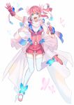  1girl absurdres arm_up butterfly_hair_ornament ebippoid full_body gloves hair_ornament hair_ribbon high_heels highres holding holding_microphone looking_at_viewer microphone open_mouth personification pink_footwear pink_gloves pink_hair pink_shorts pokemon ribbon shorts side_ponytail solo sylveon thighhighs tutu white_background white_thighhighs 