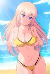  1girl absurdres ass_visible_through_thighs audirenze beach bikini blonde_hair breast_hold breasts cleavage facing_viewer highleg highleg_bikini highres ichinose_honami_(youjitsu) large_breasts layered_bikini long_hair navel ocean purple_eyes signature skindentation smug swimsuit wide_hips yellow_bikini youkoso_jitsuryoku_shijou_shugi_no_kyoushitsu_e 