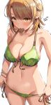  1girl absurdres bangs banned_artist bare_shoulders belko bikini blush breasts brown_eyes brown_hair cleavage collarbone condom condom_in_mouth green_bikini halterneck highres isshiki_iroha large_breasts long_hair looking_at_viewer mouth_hold navel short_hair side-tie_bikini solo string_bikini swimsuit thighs yahari_ore_no_seishun_lovecome_wa_machigatteiru. 