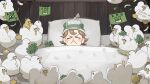  1girl :&lt; bed bird body_writing brown_hair chicken closed_eyes diva_(hyxpk) duck duckling english_commentary feathers flag frog_headband froggy_nun_(diva) highres ice little_nuns_(diva) pom_pom_(cheerleading) short_hair sick under_covers 