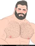  1boy abs bad_id bad_tumblr_id bara beard black_hair blush chest_hair closed_mouth expressionless facial_hair flat_color full_beard green_eyes highres large_pectorals looking_at_viewer male_focus mature_male muscular muscular_male nipples original pectorals randombaradude short_hair simple_background solo thick_beard thick_eyebrows thick_mustache upper_body white_background 