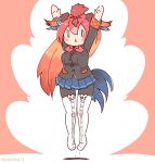  1girl arms_up bird_girl bird_tail bird_wings boots bow bowtie coroha feathered_wings full_body head_wings jacket jumping kemono_friends kemono_friends_3 long_hair looking_at_viewer pantyhose red_background red_hair red_junglefowl_(kemono_friends) simple_background skirt solo tail wings 