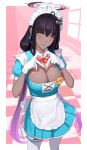  1girl absurdres ahoge apron black_hair blue_archive blush border bow breasts cat_hair_ornament cleavage cleavage_cutout closed_mouth clothing_cutout dark-skinned_female dark_skin dress gloves gradient_hair hair_between_eyes hair_ornament halo heart heart_hands highres karin_(blue_archive) large_breasts light_blue_dress long_hair looking_at_viewer low_twintails maid maid_apron maid_headdress multicolored_hair one_eye_closed pink_bow purple_hair purple_halo solo sweatdrop thighhighs twintails very_long_hair white_apron white_border white_gloves white_thighhighs yellow_eyes yoroshinbo 