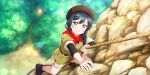  1girl absurdres beret black_hair blush braid climbing day from_above grey_eyes hair_over_shoulder hat highres layered_sleeves long_hair long_sleeves looking_at_viewer love_live! love_live!_school_idol_festival_all_stars neckerchief official_art outdoors rock rock_climbing rope short_over_long_sleeves short_sleeves shorts smile solo sparkle yuuki_setsuna_(love_live!) 