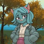  anthro arinanya autumn blue_body blue_fur blue_hair breasts cartoon_network clothed clothing coat domestic_cat felid feline felis female fully_clothed fur grass hair hand_in_pocket mammal nicole_watterson outside plant pockets signature solo the_amazing_world_of_gumball topwear tree water 