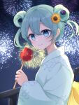  1girl aerial_fireworks blue_eyes blue_hair blush candy_apple double_bun earrings fireworks flower food from_side hair_bun hair_flower hair_ornament hatsune_miku highres holding holding_food japanese_clothes jewelry kimono long_sleeves looking_at_viewer night night_sky outdoors rageno0000 railing sky smile solo summer_festival sunflower upper_body vocaloid wind_chime_earrings yukata 