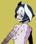 1girl black_eyes black_hair gradient_skin hair_horns made_in_abyss multicolored_hair ononaka_akihiro open_mouth ozen piercing simple_background smile solo streaked_hair topless white_hair yellow_background 