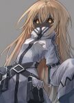  1girl belt belt_pouch black_sclera blonde_hair coat colored_sclera dark_skin grey_background highres kajaneko long_hair looking_at_viewer open_mouth orange_eyes original pouch sharp_teeth sleeves_past_wrists solo teeth very_dark_skin very_long_hair white_coat zipper zipper_pull_tab 