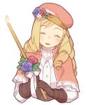  1boy beret blonde_hair blue_flower blue_rose brown_gloves candle capelet closed_eyes drill_hair eyelashes fire_emblem fire_emblem_fates flower forrest_(fire_emblem) frilled_capelet frills gloves haconeri hat hat_flower long_hair male_focus open_mouth otoko_no_ko pink_capelet pink_headwear red_flower red_rose rose simple_background smile solo upper_body white_background 
