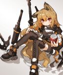  1girl amonitto animal_ears arknights axe belt black_dress blonde_hair boots breasts brown_footwear brown_hair brown_thighhighs can ceobe_(arknights) closed_mouth coat dress drink_can holding holding_can knees_up long_hair looking_at_viewer off_shoulder open_clothes open_coat planted planted_sword red_eyes shadow short_dress sitting small_breasts soda_can solo sword tail thigh_boots thighhighs very_long_hair weapon 