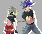  2boys abs absurdres androgynous asymmetrical_hair bae_(baebae) black_gloves black_shirt blonde_hair blue_eyes blue_hair clothes_lift covering_mouth galo_thymos gloves green_hair guilty_challenge_(meme) hair_between_eyes half_gloves hand_in_clothes hand_over_own_mouth hand_under_clothes hand_under_shirt highres lio_fotia long_hair looking_at_viewer male_focus meme mohawk multiple_boys muscular muscular_male navel otoko_no_ko promare shirt shirt_lift short_hair short_sleeves sidecut smile spiked_hair stomach t-shirt undercut 