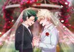  2boys bakugou_katsuki black_necktie black_suit blonde_hair blush boku_no_hero_academia closed_eyes flower green_hair highres long_sleeves male_focus midoriya_izuku multiple_boys necktie open_mouth red_eyes rose scar seoltang_(nitro_sugar) short_hair spiked_hair suit tears wedding white_necktie white_suit 