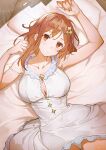  1girl atelier_(series) atelier_ryza atelier_ryza_3 bare_shoulders bed_sheet blush breasts cleavage_cutout closed_mouth clothing_cutout collarbone dress fingernails hair_ornament hairclip highres looking_at_viewer lying medium_breasts medium_hair official_art on_back on_bed panties pillow reisalin_stout simple_background sleeveless sleeveless_dress toridamono underwear white_dress white_panties x_hair_ornament 