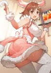 1girl animal_ears apron atelier_(series) atelier_ryza atelier_ryza_3 blurry blurry_background breasts brown_eyes brown_hair cowboy_shot cup dress drinking_straw fake_animal_ears fake_horns fur_trim hair_ornament hairclip highres holding holding_tray horns indoors looking_at_viewer medium_breasts medium_hair official_art open_mouth pink_dress reisalin_stout simple_background sleeveless sleeveless_dress solo thighhighs thighs toridamono tray tropical_drink waist_apron waitress white_thighhighs x_hair_ornament 