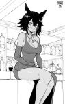  1girl alcohol animal_ear_fluff animal_ears artist_name bar_(place) bare_shoulders bottle breasts cat_ears chair closed_mouth collarbone counter cup cupping_glass dress drinking_glass elbow_gloves glass gloves greyscale hair_between_eyes highres indoors jewelry large_breasts liquor looking_at_viewer monochrome norman_maggot on_counter original red_wine shelf short_hair sitting sleeveless sleeveless_dress smile solo tail wine wine_bottle wine_glass 