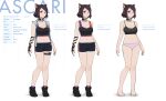  ascari_megane_(aurahack) aurahack bottomwear brown_hair cat_ear clothing collar domestic_cat felid feline felis female footwear hair hi_res humanoid mammal model_sheet one_glove purple_eyes shoes shorts sneakers solo topwear underwear vest 