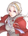  1girl alternate_costume alternate_hairstyle armor axe breastplate breasts cape edelgard_von_hresvelg fire_emblem fire_emblem:_three_houses fire_emblem_warriors:_three_hopes garreg_mach_monastery_uniform gloves hair_ornament hair_ribbon long_hair long_sleeves looking_at_viewer official_alternate_costume official_alternate_hairstyle open_mouth purple_eyes red_cape ribbon robaco simple_background solo white_hair 