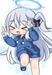  &gt;_&lt; 1girl :d blue_archive blue_footwear blue_hoodie blush braid chibi closed_eyes double_v facing_viewer feet_out_of_frame grey_background grey_hair hair_between_eyes halo hana_kazari hands_up highres hood hood_down hoodie long_hair long_sleeves miyako_(blue_archive) one_side_up puffy_long_sleeves puffy_sleeves sandals smile solo thick_eyebrows v very_long_hair xd 