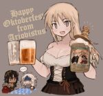  ... 3girls alcohol apron beer beer_mug blonde_hair bodice breasts bright_pupils brown_apron brown_background brown_eyes brown_pupils cape chibi chibi_inset cleavage cup dark-skinned_female dark_skin dirndl drink fangs german_clothes hands_up holding holding_cup holding_drink lapithai large_breasts laurel_crown long_hair looking_at_viewer mug multiple_girls off_shoulder oktoberfest open_mouth original puffy_short_sleeves puffy_sleeves red_cape scar scar_on_arm scar_on_breasts scar_on_shoulder short_sleeves simple_background spoken_ellipsis upper_body waist_apron 